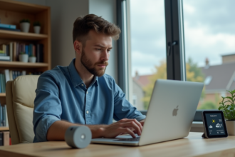 Jeune homme utilisant un ordinateur près d'une station météo