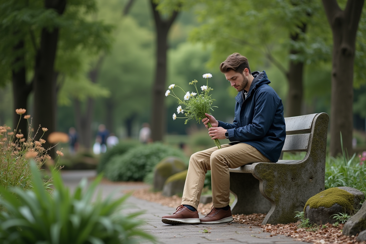 Jeune homme inspectant une plante dans un parc urbain