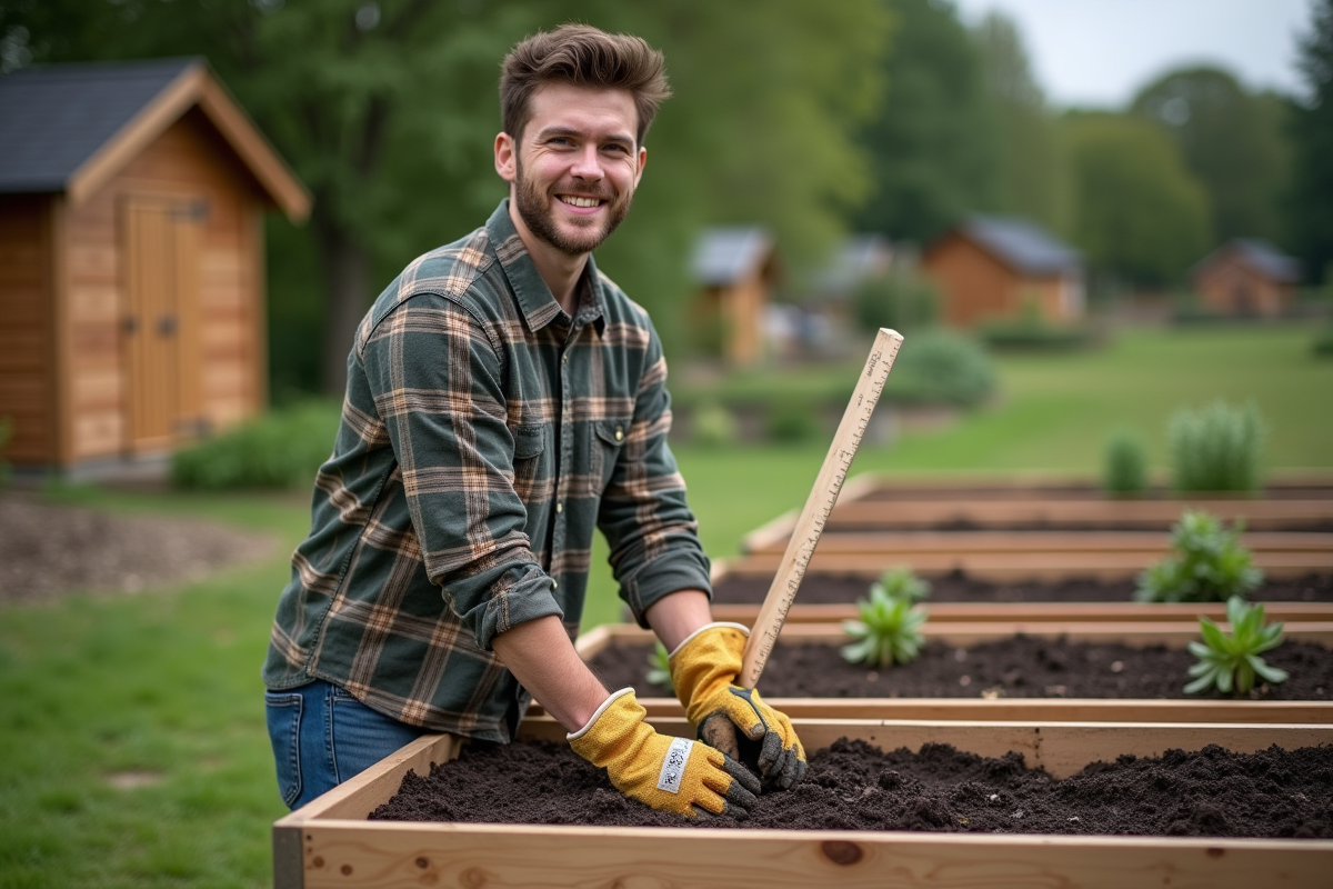 Jeune homme avec règle dans un jardin potager