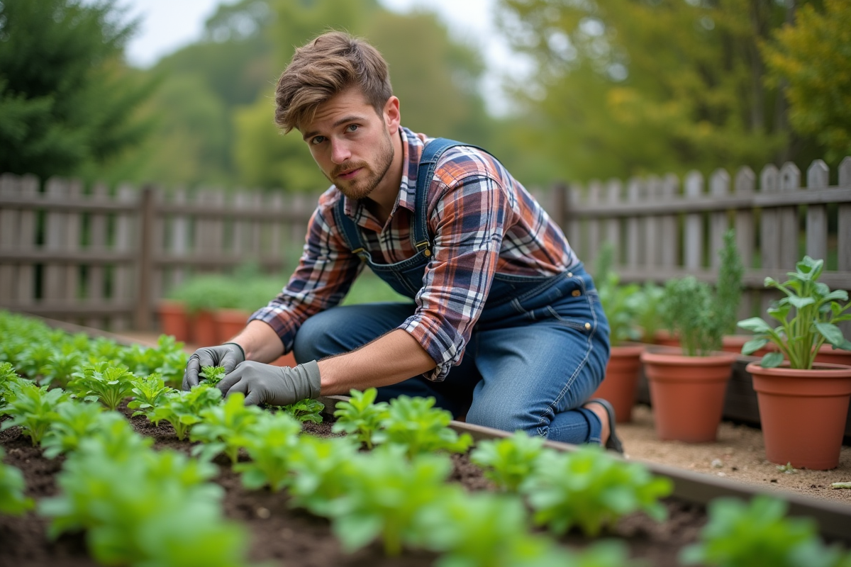 Jeune homme en overalls cultivant des haricots verts