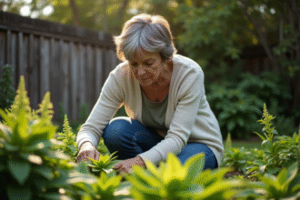 Femme d'âge moyen dans un jardin verdoyant et ombragé