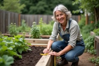 Femme d'âge moyen mesurant la hauteur d'une jardinière en bois