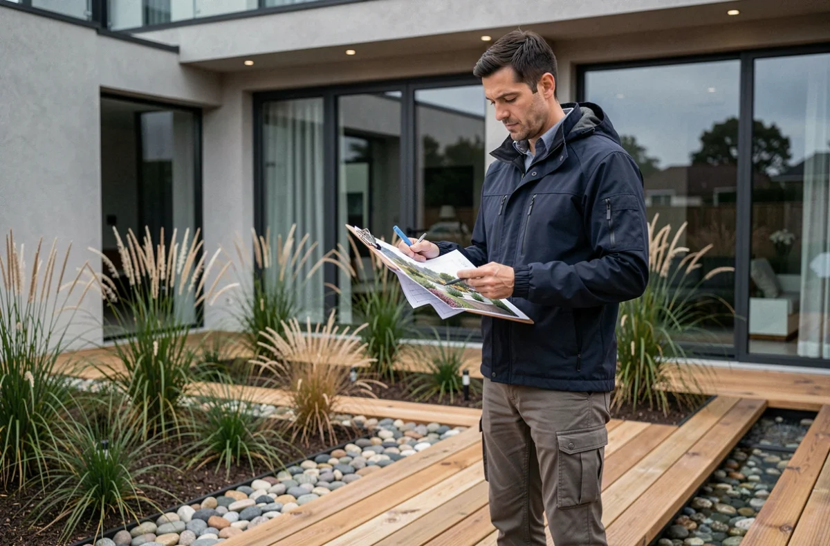 Paysagiste de Karmeyer Paysage consultant des plans de jardin devant une terrasse en bois avec graminées ornementales