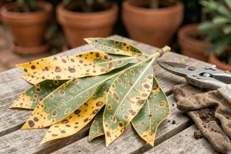 Feuilles de laurier rose présentant des taches marron et un jaunissement caractéristique sur une table de jardin en bois