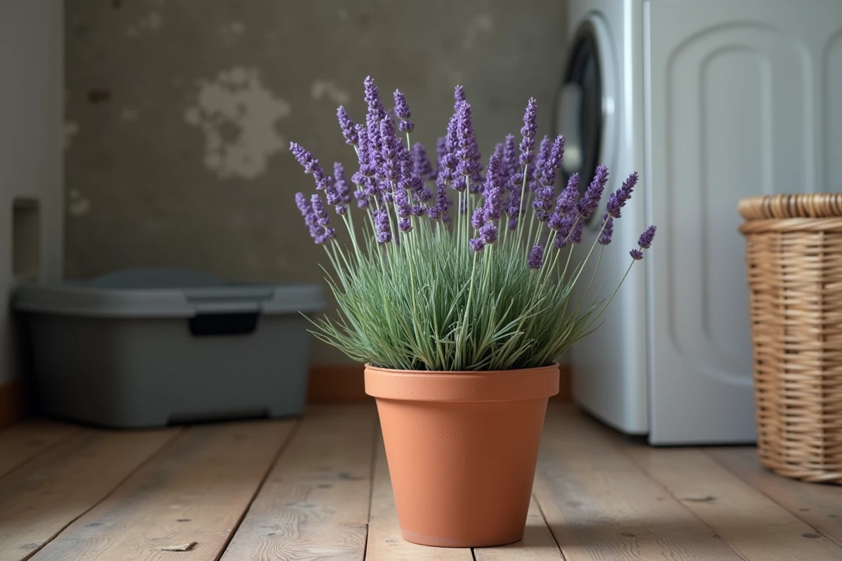Plant de lavande en pot en terre cuite posé à côté d'une litière pour chat dans une buanderie