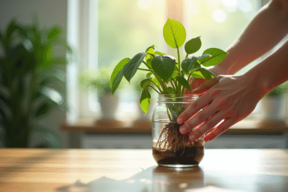 Mains plaçant un pothos avec racines dans un verre d'eau