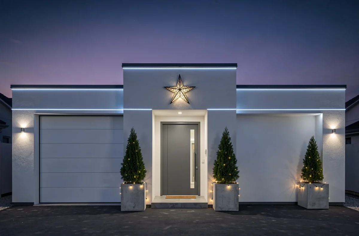 Maison moderne minimaliste décorée pour Noël avec guirlandes LED bleues en contour architectural et étoile géométrique au-dessus de l'entrée