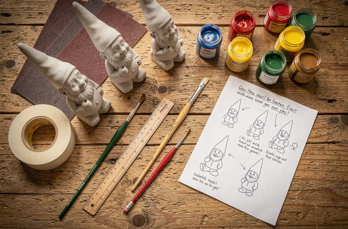 Matériaux DIY pour créer un jeu de nain de jardin artisanal posés sur une table en bois