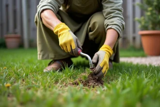 Femme arrachant des mauvaises herbes résistantes dans une pelouse envahie par des adventices résistants aux herbicides sélectifs