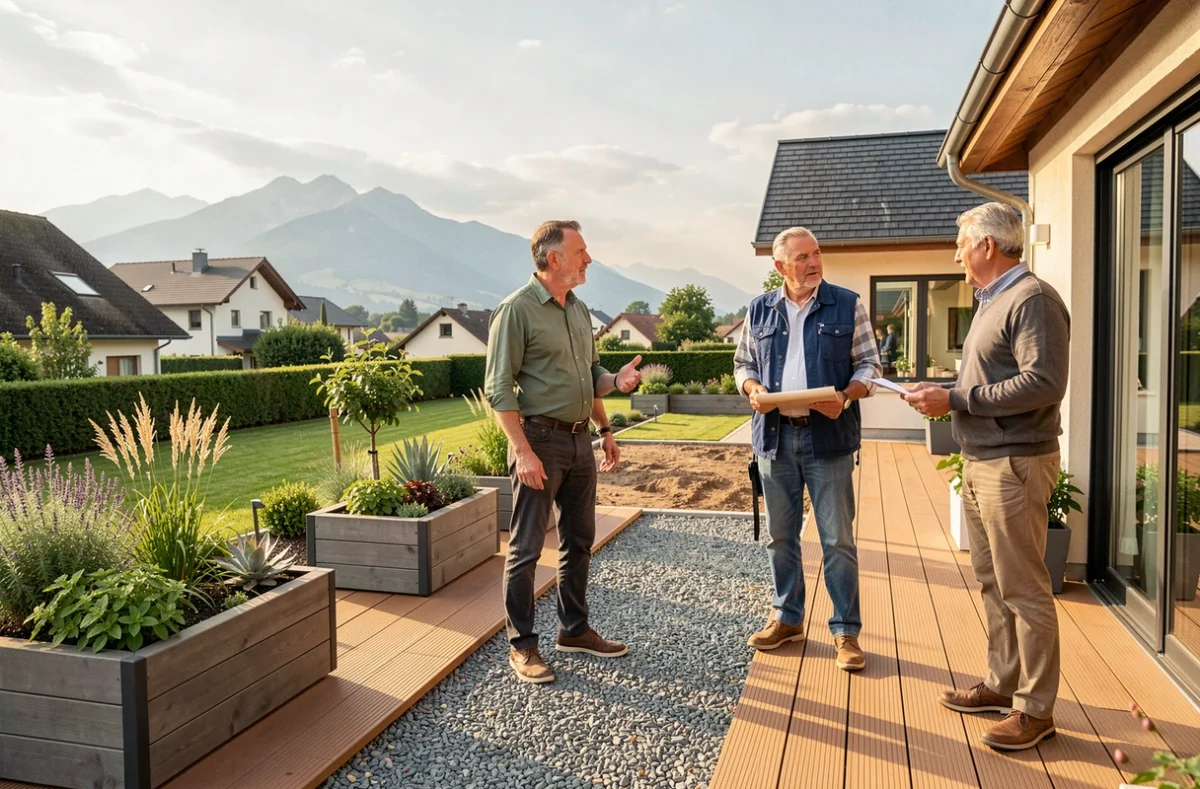 Spécialiste de Max Aménagement discutant des plans d'un jardin avec un propriétaire dans une propriété en Rhône-Alpes