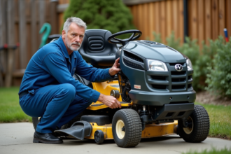 Mécanicien homme inspectant transmission de tondeuse