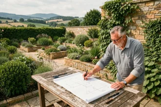 Vue d'ensemble d'un jardin paysager professionnel en Auvergne-Rhône-Alpes avec un concepteur consultant ses plans