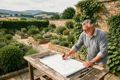 Vue d'ensemble d'un jardin paysager professionnel en Auvergne-Rhône-Alpes avec un concepteur consultant ses plans