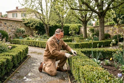 Jardinier professionnel travaillant dans un jardin soigné du département du Rhône, illustrant le classement des meilleurs jardiniers de la région en 2026