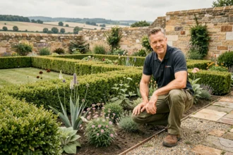 Paysagiste professionnel travaillant dans un jardin soigné de la région Moselle, avec haies taillées et mur en pierre traditionnelle lorraine