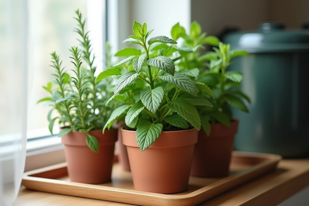 Pot de menthe et romarin regroupés sur un plateau en bois près d'un bac à compost de cuisine
