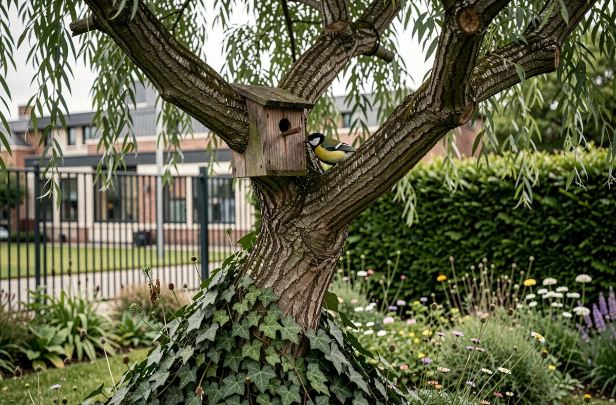 Mésange charbonnière nichant dans le tronc noueux d'un saule tortueux dans un jardin urbain naturalisé