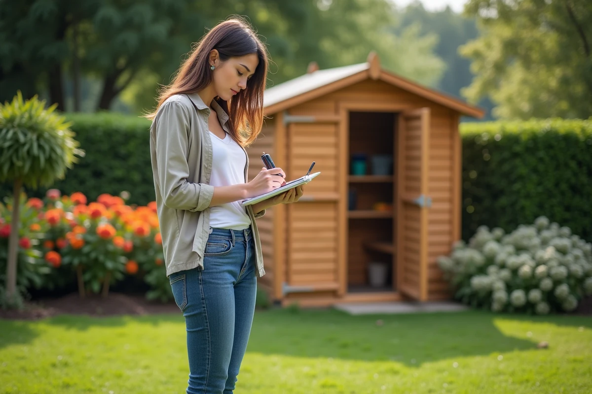 Jeune femme mesurant l’humidite d’un abri de jardin