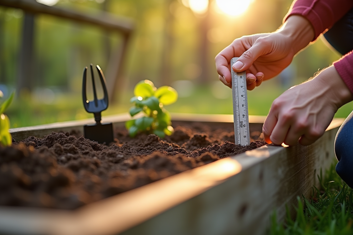 Personne mesurant la profondeur du sol dans un jardin