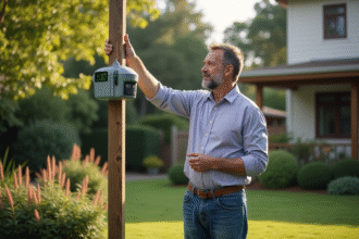 Homme installant une station météo dans un jardin résidentiel