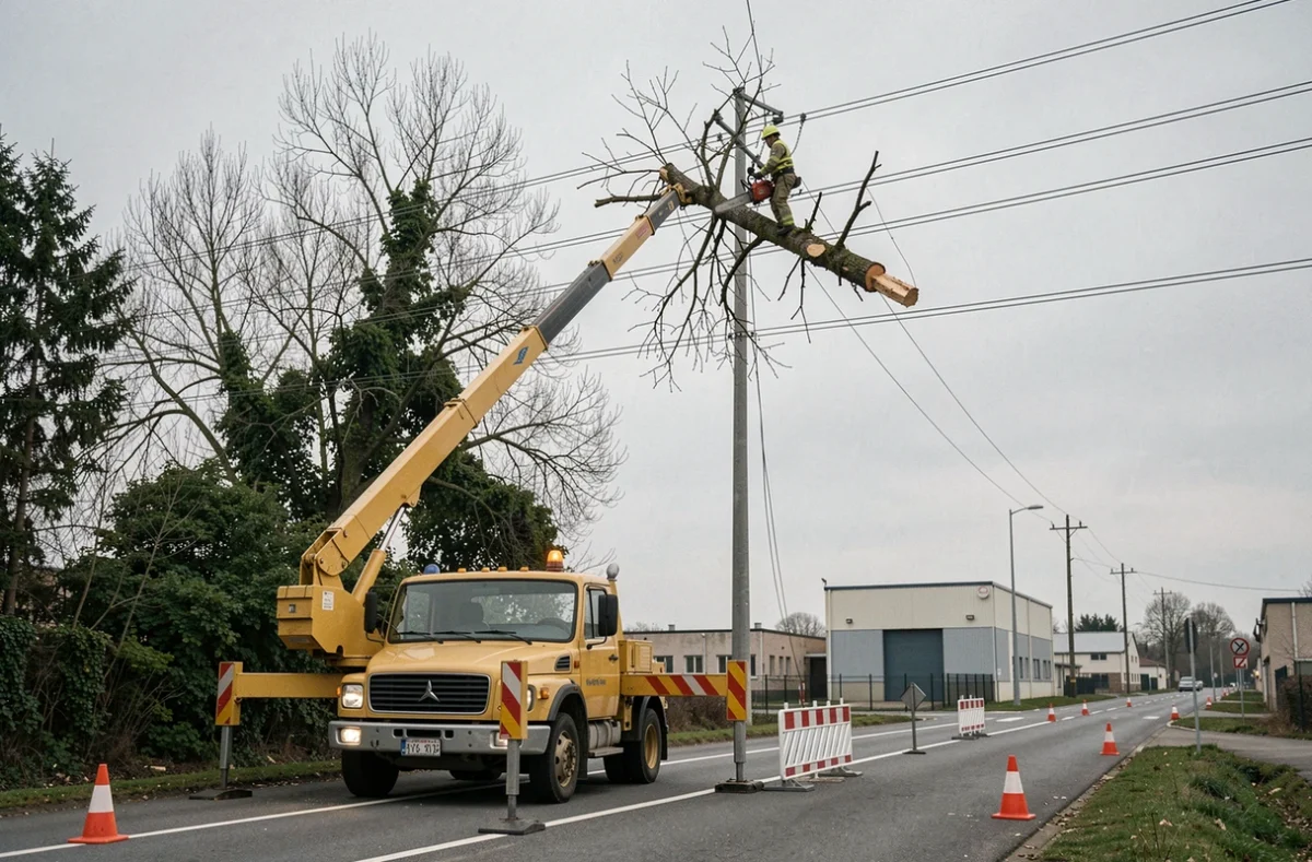 Nacelle élévatrice et élagueur intervenant sur un arbre dangereux près d'une ligne haute tension en périphérie urbaine