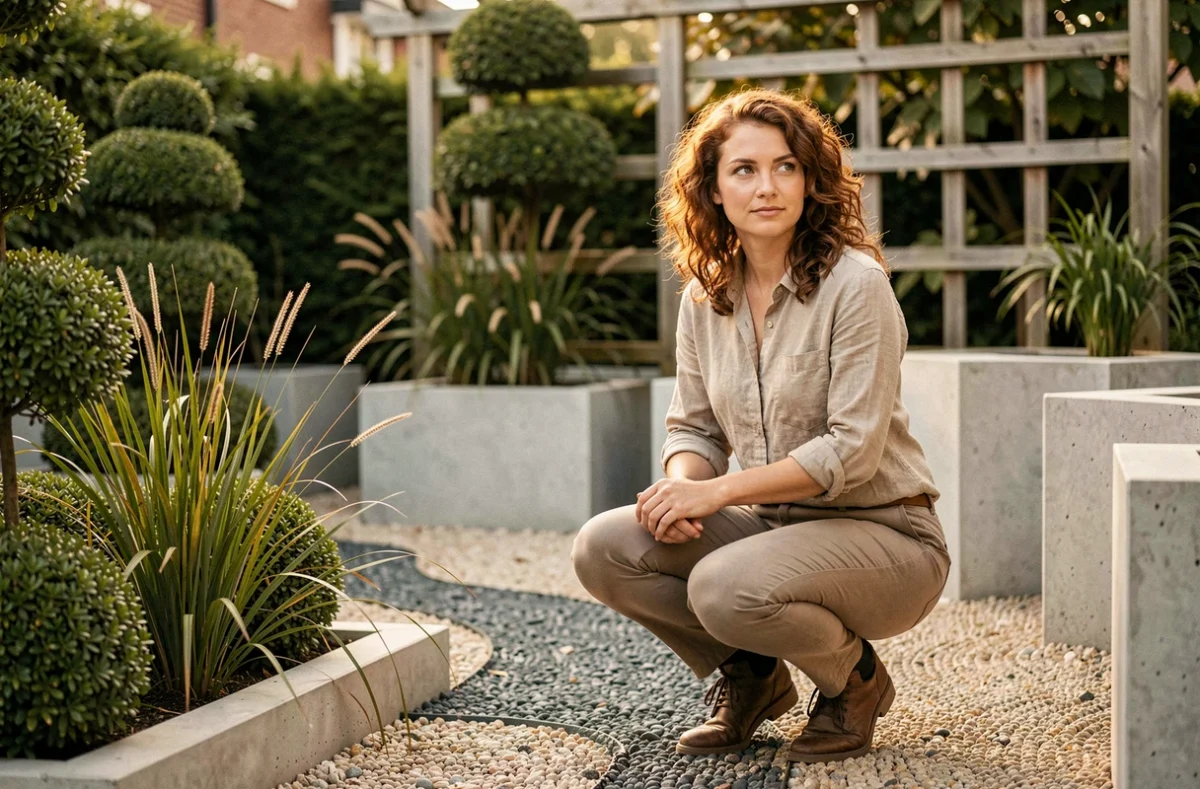 Designer paysagiste de Natura L'ART composant un jardin artistique avec topiaires sculptés et allées en gravier décoratif