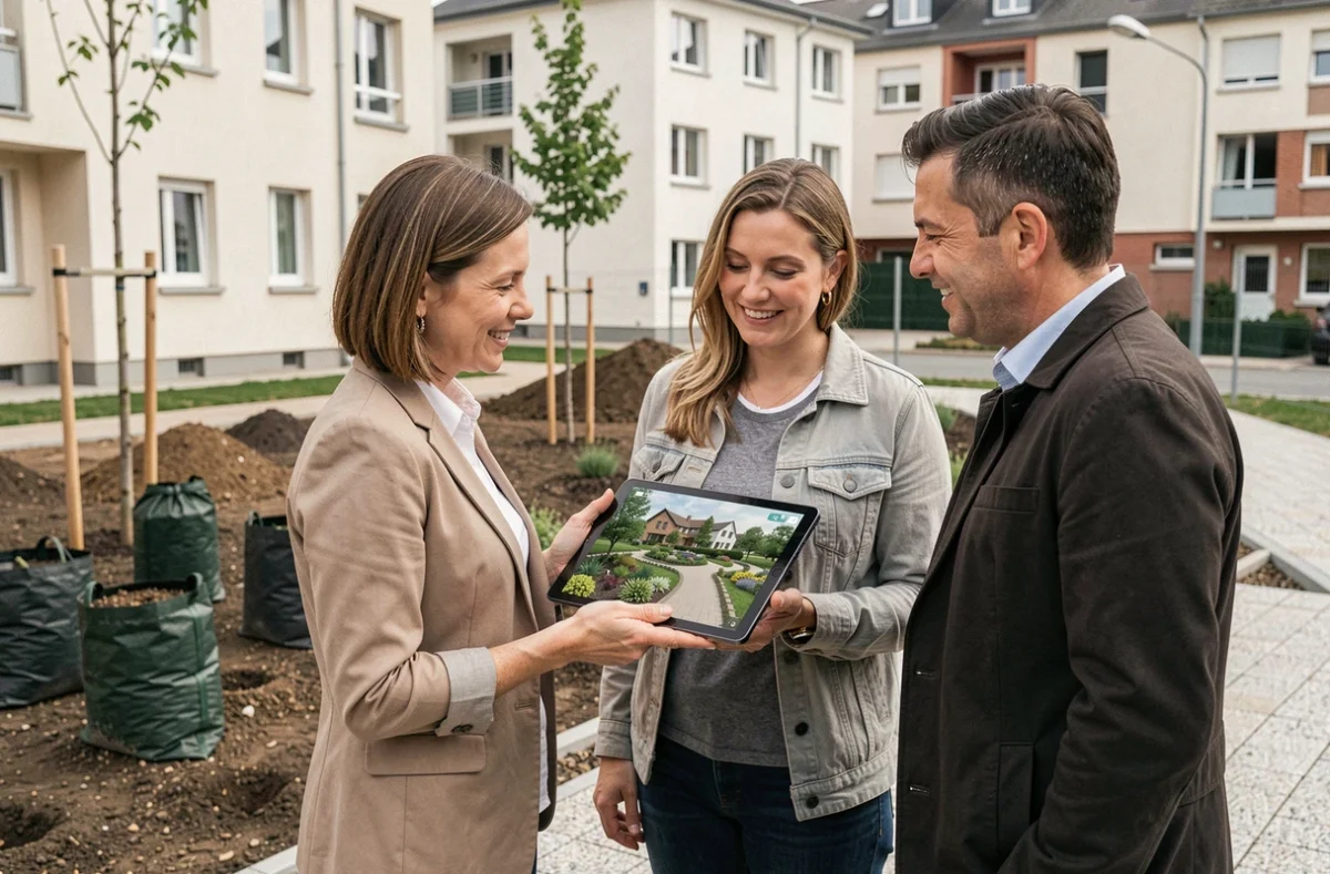 Designer de Natures d'Architecte présentant un concept de jardin sur tablette à des clients à Saint-Étienne