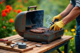 Personne nettoyant un barbecue rouillé dans le jardin ensoleille