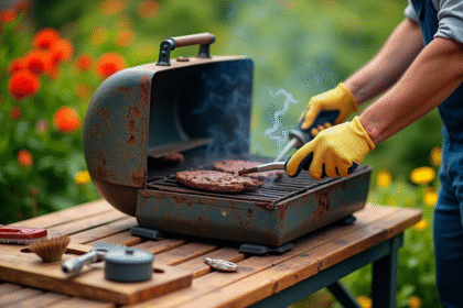 Personne nettoyant un barbecue rouillé dans le jardin ensoleille