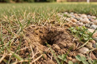 Entrée d'un nid de guêpes souterraines dans un jardin, avec des guêpes volant près du sol