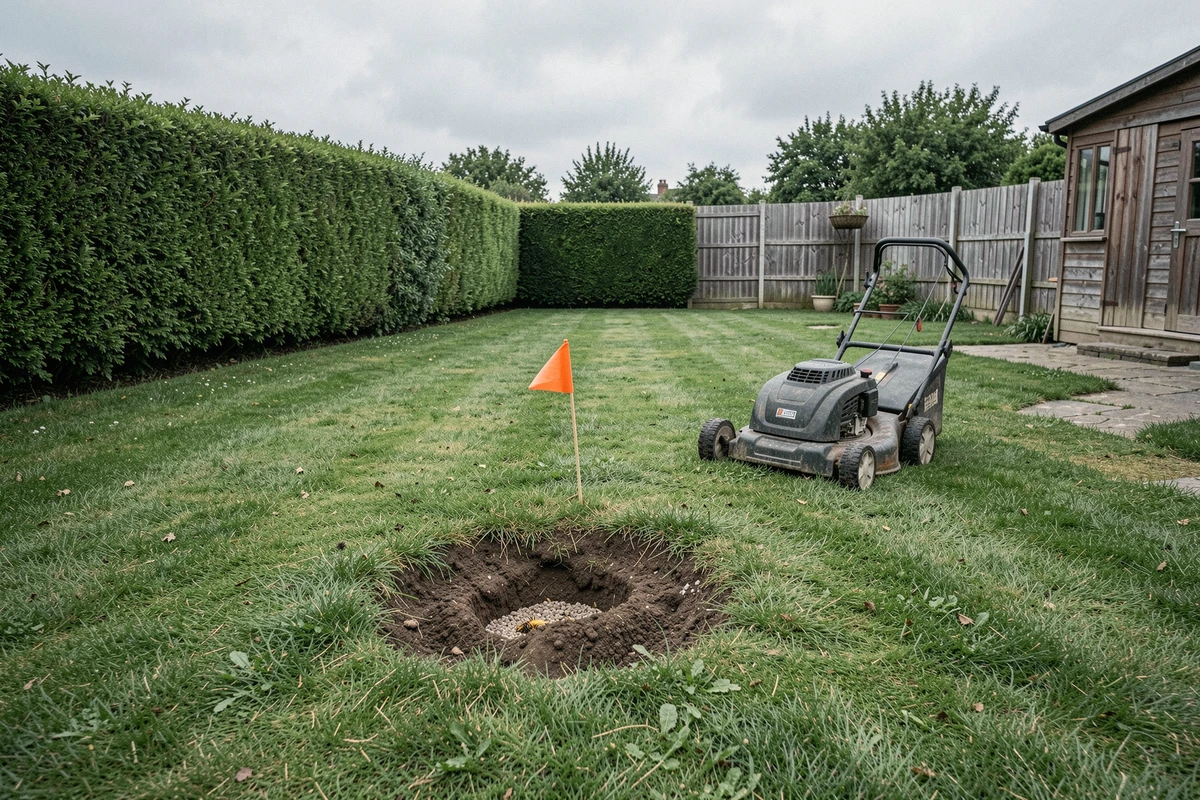 Jardin avec un marqueur d'avertissement planté près d'un nid de guêpes souterrain et une tondeuse arrêtée à distance