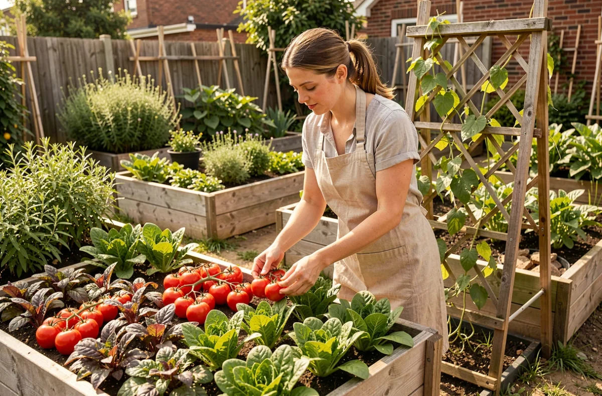 Spécialiste d'O'Bio Potager récoltant des tomates et légumes frais dans un potager biologique surélevé avec des carrés en bois