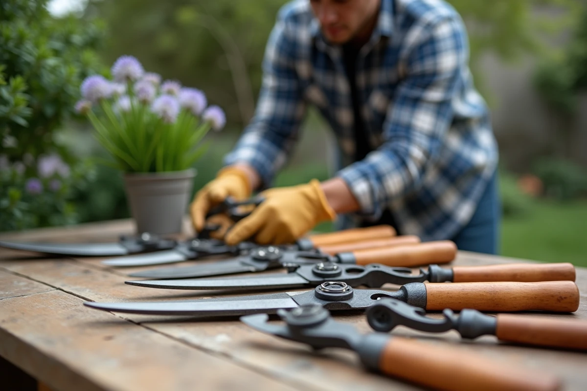 Outils de jardinage posés sur une table en bois avec un homme en arrière-plan