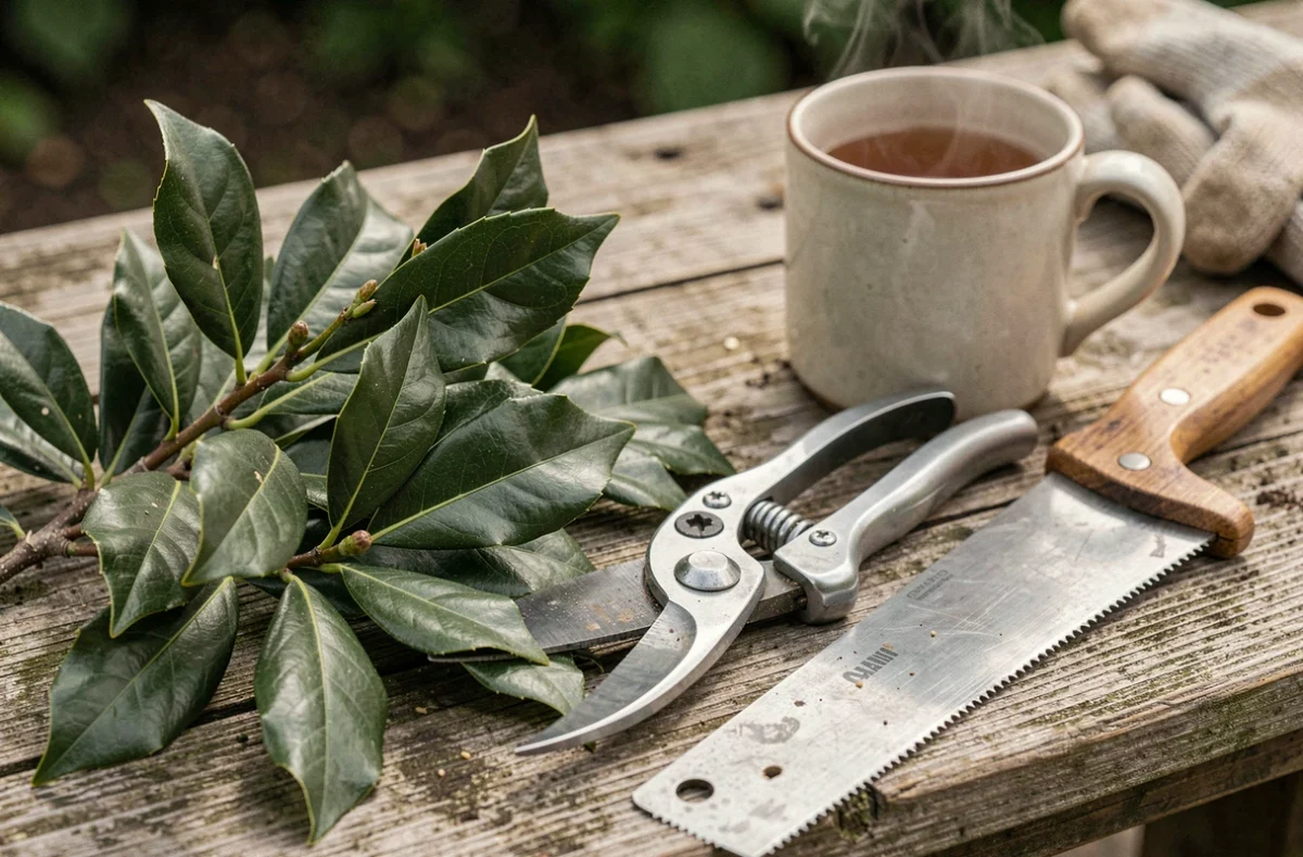 Gros plan d'un sécateur et de branches de laurier fraîchement taillées posés sur un établi en bois de jardin, avec un mug de thé en arrière-plan