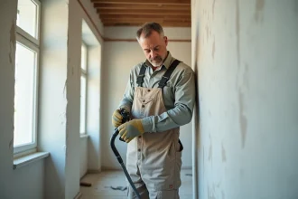 Ouvrier en overalls utilisant une machine à peinture airless