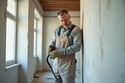 Ouvrier en overalls utilisant une machine à peinture airless