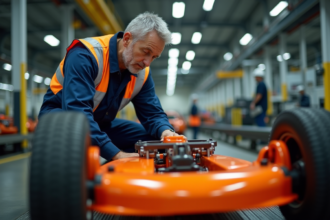 Ouvrier industriel inspectant un moteur de tondeuse orange