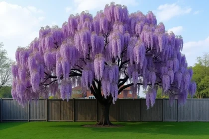 Paulownia tomentosa en pleine floraison avec grappes de fleurs violettes dans un jardin suburban