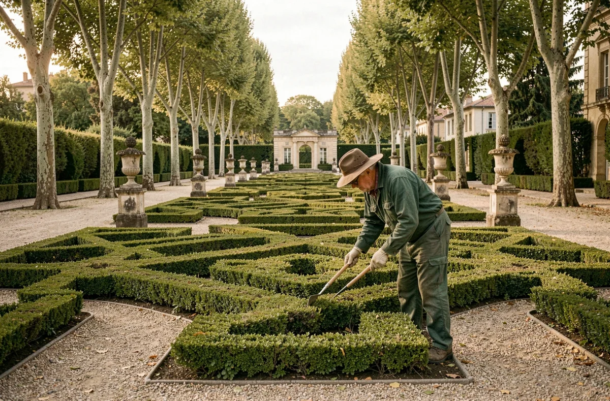 Paysagiste de Paysages et Traditions restaurant un parterre de buis taillés dans un jardin à la française historique près de Lyon