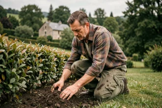 Paysagiste professionnel plantant une haie dans un jardin du Doubs, entouré d'une campagne verdoyante typique de Franche-Comté