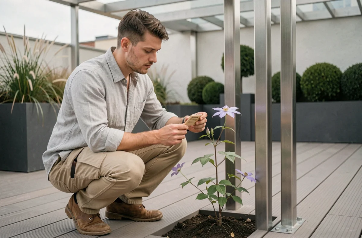 Paysagiste en train d'installer une clématite au pied d'une pergola moderne dans un jardin urbain contemporain