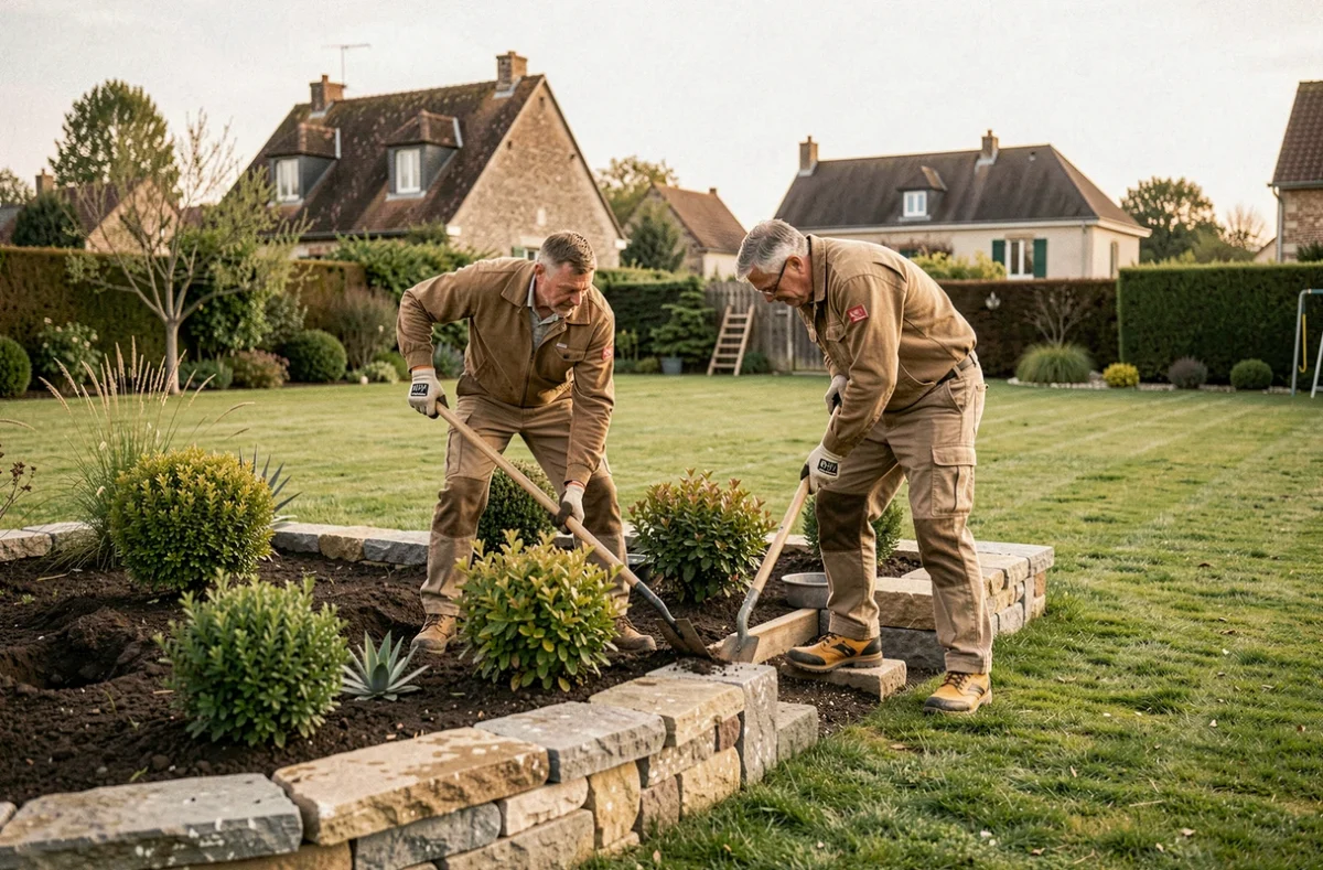 Équipe de Peguet Paysages installant des bordures en pierre et des arbustes dans un jardin résidentiel dans la Loire