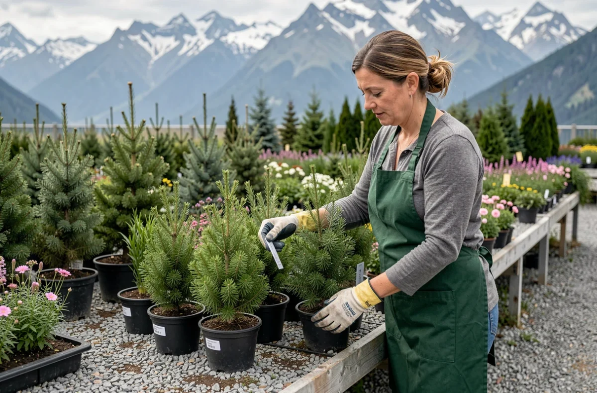 Spécialiste horticole de la pépinière Millet sélectionnant des arbres et arbustes dans une pépinière en Savoie