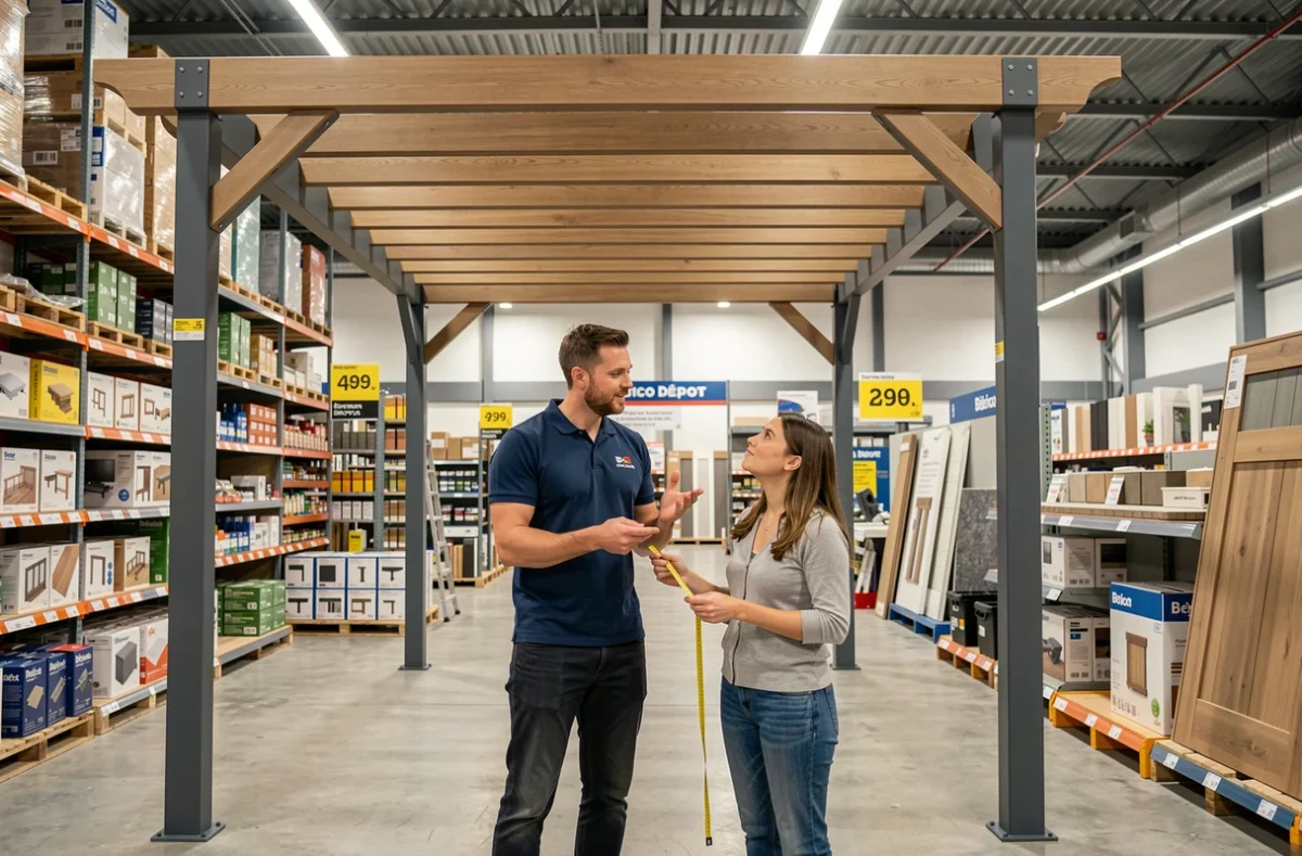 Conseiller Brico Dépôt présentant une pergola 5x4 en showroom à une cliente avec mesures et étiquette de prix visible