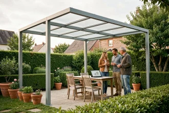 Pergola 5x4 en aluminium installée dans un jardin pavillonnaire français avec toiture polycarbonate et couple consultant des plans de pose