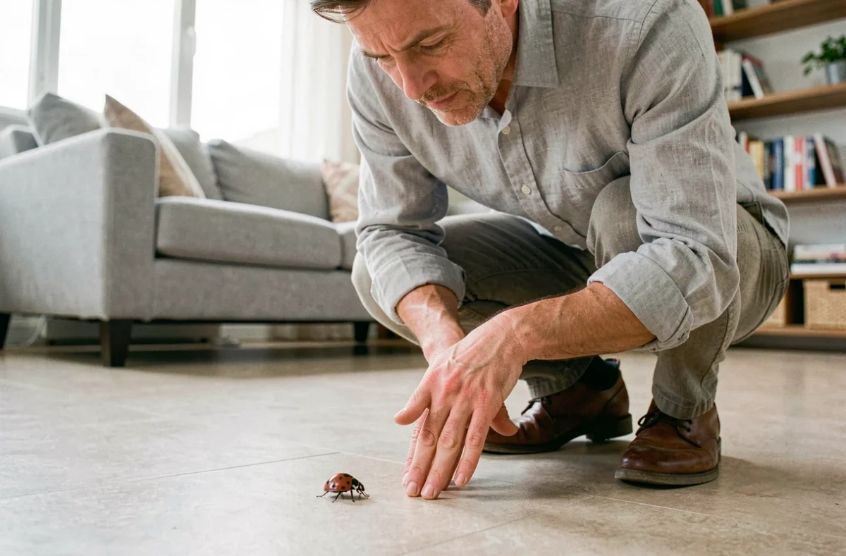 Personne observant une coccinelle noire à points rouges sur le sol d'un salon domestique
