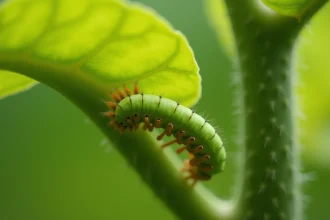 Petite chenille verte en gros plan sur le dessous d'une feuille dans un potager