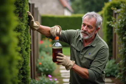 Homme posant un piège artisanal écologique contre les frelons asiatiques dans un jardin