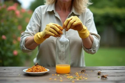 Femme assemblant un piège à frelon maison avec une bouteille en plastique découpée dans un jardin
