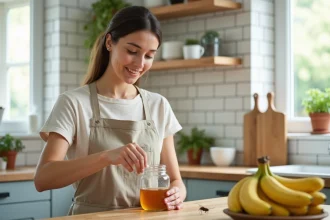 Femme préparant un piège à moucherons maison avec du vinaigre de cidre dans un bocal en verre sur un plan de travail en bois